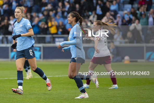 Mary Fowler, #8 of Manchester City W.F.C., celebrates her goal during the Barclays FA Women's Super League match between Manchester City and...