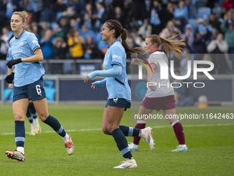 Mary Fowler, #8 of Manchester City W.F.C., celebrates her goal during the Barclays FA Women's Super League match between Manchester City and...