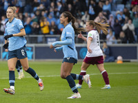 Mary Fowler, #8 of Manchester City W.F.C., celebrates her goal during the Barclays FA Women's Super League match between Manchester City and...