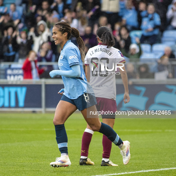 Mary Fowler #8 of Manchester City W.F.C. celebrates her goal during the Barclays FA Women's Super League match between Manchester City and W...