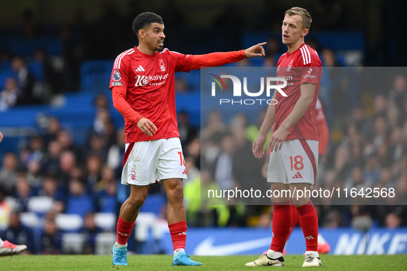 Morgan Gibbs-White of Nottingham Forest and James Ward-Prowse participate in the Premier League match between Chelsea and Nottingham Forest...