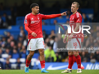 Morgan Gibbs-White of Nottingham Forest and James Ward-Prowse participate in the Premier League match between Chelsea and Nottingham Forest...