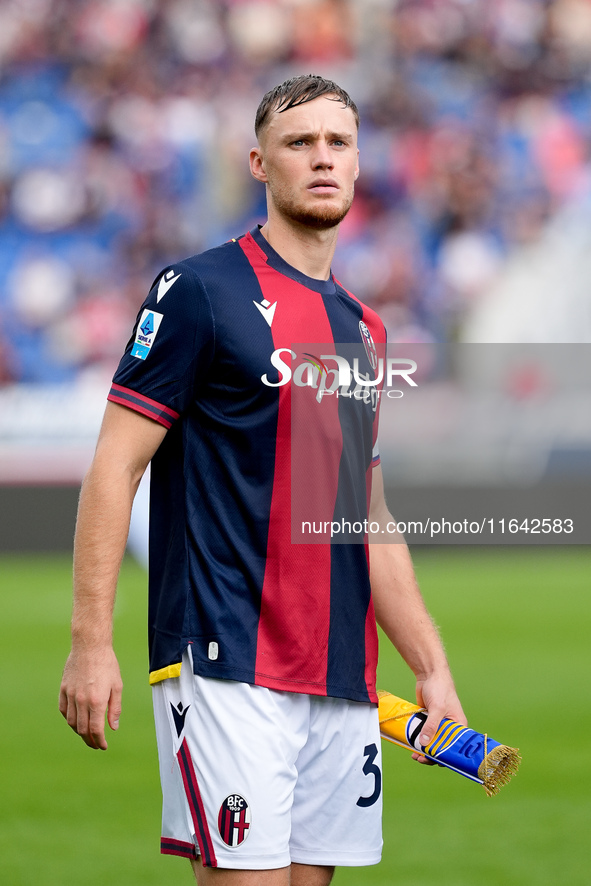 Sam Beukema of Bologna FC looks on during the Serie A Enilive match between Bologna FC and Parma Calcio 1903 at Stadio Renato Dall'Ara on Oc...