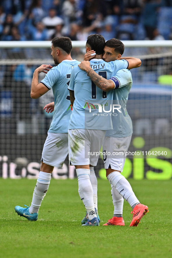 Mattia Zaccagni of S.S. Lazio celebrates after scoring the goal to make it 1-1 during the 7th day of the Serie A Championship between S.S. L...