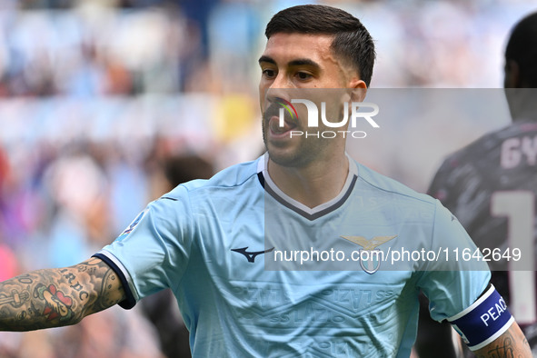 Mattia Zaccagni of S.S. Lazio celebrates after scoring the goal to make it 1-1 during the 7th day of the Serie A Championship between S.S. L...