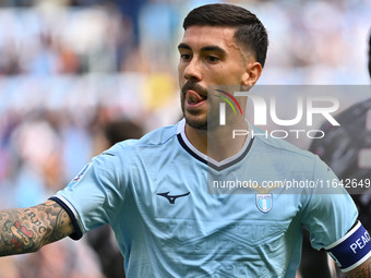 Mattia Zaccagni of S.S. Lazio celebrates after scoring the goal to make it 1-1 during the 7th day of the Serie A Championship between S.S. L...