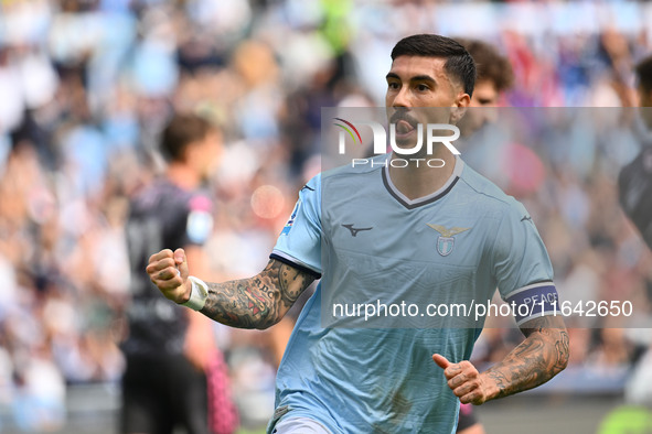 Mattia Zaccagni of S.S. Lazio celebrates after scoring the goal to make it 1-1 during the 7th day of the Serie A Championship between S.S. L...