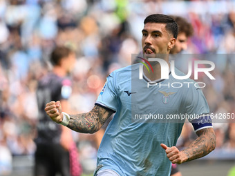 Mattia Zaccagni of S.S. Lazio celebrates after scoring the goal to make it 1-1 during the 7th day of the Serie A Championship between S.S. L...