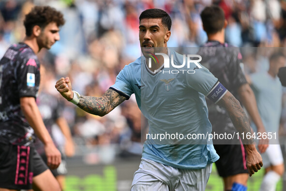 Mattia Zaccagni of S.S. Lazio celebrates after scoring the goal to make it 1-1 during the 7th day of the Serie A Championship between S.S. L...