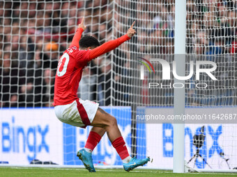 Morgan Gibbs-White of Nottingham Forest celebrates after Chris Wood of Nottingham Forest scores a goal to make it 0-1 during the Premier Lea...