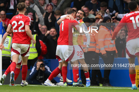 Chris Wood of Nottingham Forest celebrates with Jota Silva of Nottingham Forest after scoring a goal to make it 0-1 during the Premier Leagu...