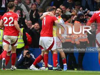 Chris Wood of Nottingham Forest celebrates with Jota Silva of Nottingham Forest after scoring a goal to make it 0-1 during the Premier Leagu...