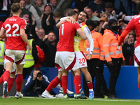 Chris Wood of Nottingham Forest celebrates with Jota Silva of Nottingham Forest after scoring a goal to make it 0-1 during the Premier Leagu...