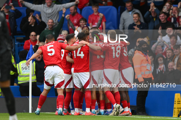 The Res celebrates after Chris Wood of Nottingham Forest scores the first goal of the game during the Premier League match between Chelsea a...