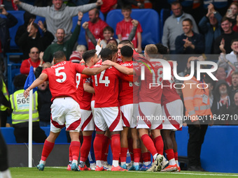 The Res celebrates after Chris Wood of Nottingham Forest scores the first goal of the game during the Premier League match between Chelsea a...