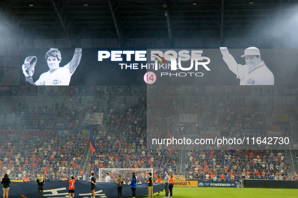 Pete Rose is honored prior to the start of the Major League Soccer match between FC Cincinnati and Orlando City SC at TQL Stadium in Cincinn...