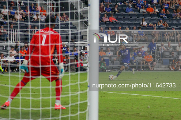 Cincinnati defender DeAndre Yedlin takes a shot during the Major League Soccer match between FC Cincinnati and Orlando City SC at TQL Stadiu...