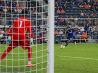 Cincinnati defender DeAndre Yedlin takes a shot during the Major League Soccer match between FC Cincinnati and Orlando City SC at TQL Stadiu...