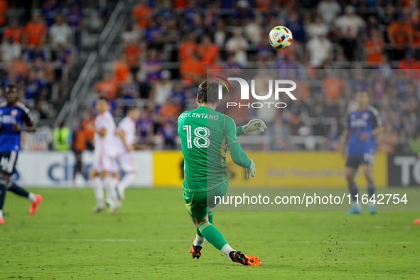 Cincinnati goalie, Roman Celentano, kicks the ball into play during the Major League Soccer match between FC Cincinnati and Orlando City SC...