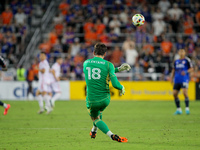 Cincinnati goalie, Roman Celentano, kicks the ball into play during the Major League Soccer match between FC Cincinnati and Orlando City SC...