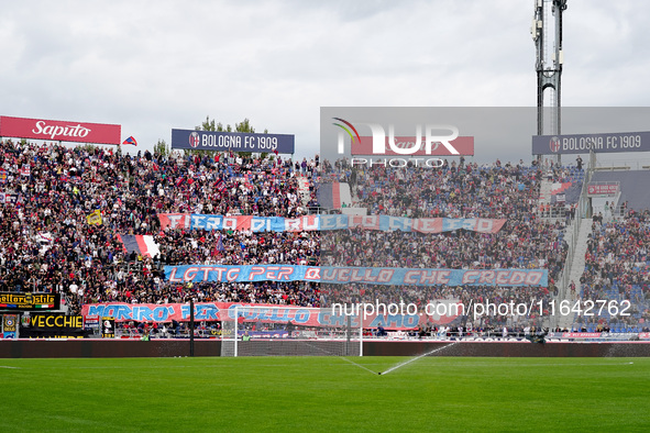 Supporters of Bologna during the Serie A Enilive match between Bologna FC and Parma Calcio 1903 at Stadio Renato Dall'Ara on October 06, 202...