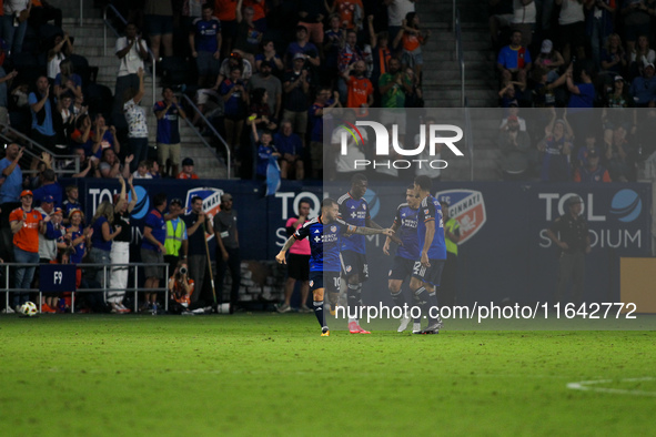 Cincinnati midfielder Luciano Acosta celebrates after scoring a goal during the Major League Soccer match between FC Cincinnati and Orlando...