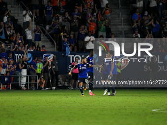 Cincinnati midfielder Luciano Acosta celebrates after scoring a goal during the Major League Soccer match between FC Cincinnati and Orlando...