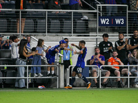 Cincinnati midfielder Luciano Acosta celebrates with his family after scoring a goal during the Major League Soccer match between FC Cincinn...