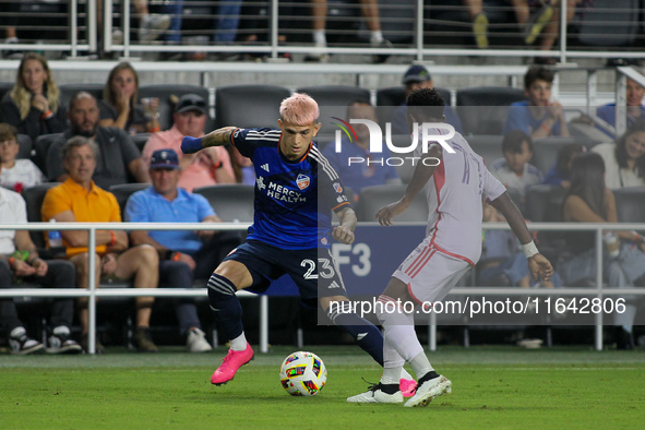 Cincinnati midfielder Luca Orellano moves the ball upfield during the Major League Soccer match between FC Cincinnati and Orlando City SC at...