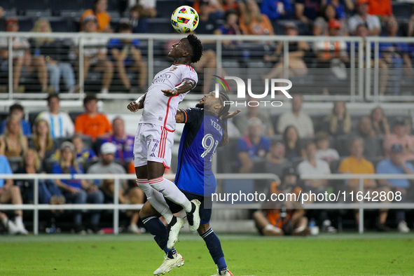 Orlando midfielder Ivan Angulo heads the ball during the Major League Soccer match between FC Cincinnati and Orlando City SC at TQL Stadium...