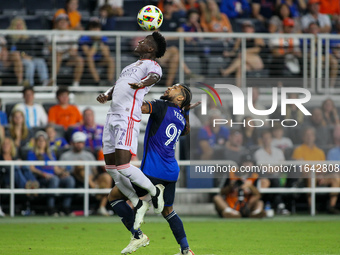 Orlando midfielder Ivan Angulo heads the ball during the Major League Soccer match between FC Cincinnati and Orlando City SC at TQL Stadium...