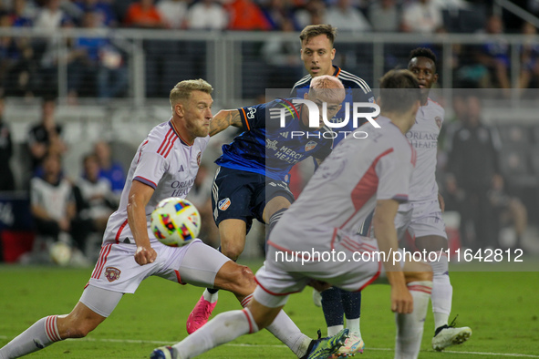 Cincinnati midfielder, Luca Orellano, takes a shot on goal during the Major League Soccer match between FC Cincinnati and Orlando City SC at...