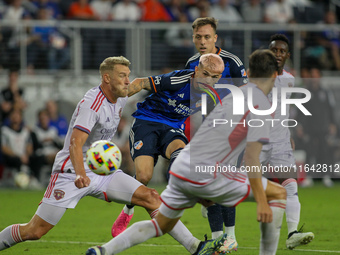 Cincinnati midfielder, Luca Orellano, takes a shot on goal during the Major League Soccer match between FC Cincinnati and Orlando City SC at...