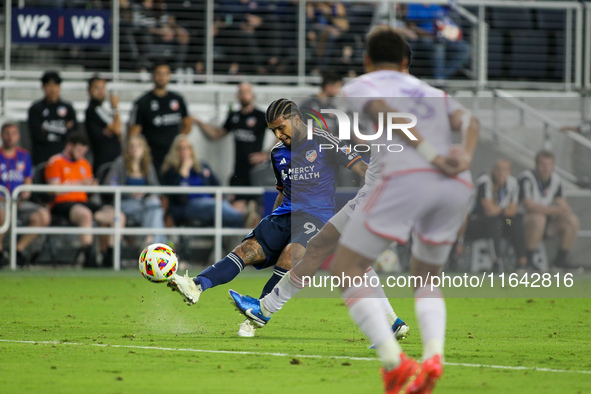 Cincinnati defender DeAndre Yedlin takes a shot during the Major League Soccer match between FC Cincinnati and Orlando City SC at TQL Stadiu...