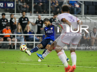 Cincinnati defender DeAndre Yedlin takes a shot during the Major League Soccer match between FC Cincinnati and Orlando City SC at TQL Stadiu...