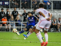 Cincinnati defender DeAndre Yedlin takes a shot during the Major League Soccer match between FC Cincinnati and Orlando City SC at TQL Stadiu...