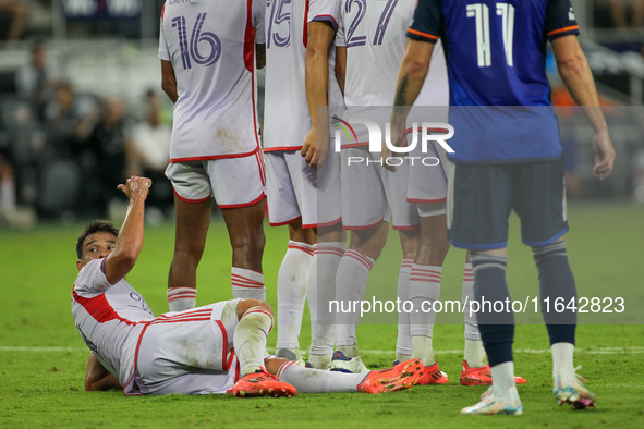 Orlando players prepare to defend a Cincinnati free kick during the Major League Soccer match between FC Cincinnati and Orlando City SC at T...