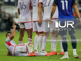 Orlando players prepare to defend a Cincinnati free kick during the Major League Soccer match between FC Cincinnati and Orlando City SC at T...