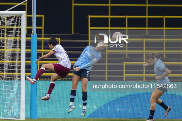 Alex Greenwood #5 of Manchester City W.F.C. clears the area during the Barclays FA Women's Super League match between Manchester City and We...