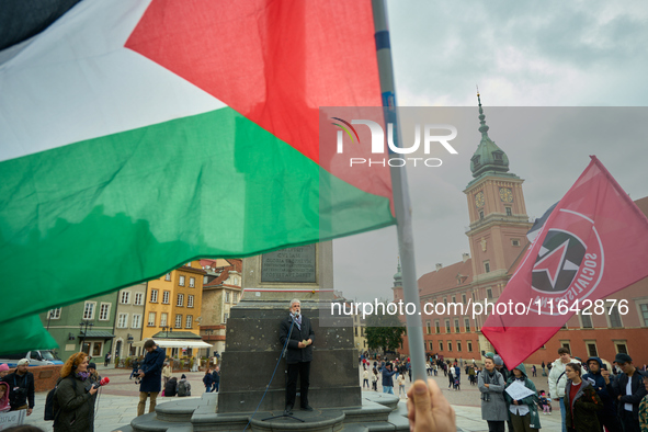 The Palestinian ambassador to Poland Mahmoud Khalifa speaks during a rally in support of Palestine in Warsaw, Poland on 05 October, 2024. Ab...