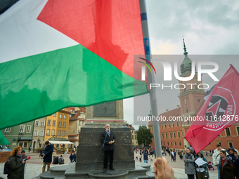 The Palestinian ambassador to Poland Mahmoud Khalifa speaks during a rally in support of Palestine in Warsaw, Poland on 05 October, 2024. Ab...