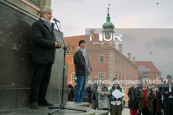 The Palestinian ambassador to Poland Mahmoud Khalifa speaks during a rally in support of Palestine in Warsaw, Poland on 05 October, 2024. Ab...