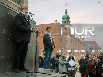 The Palestinian ambassador to Poland Mahmoud Khalifa speaks during a rally in support of Palestine in Warsaw, Poland on 05 October, 2024. Ab...