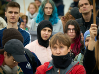 People take part in a rally in support of Palestine and Gaza in Warsaw, Poland on 05 October, 2024. About a hundred people marched from the...