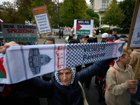 A group holds a rally in support of Palestine and Gaza in front of the US ebassy in Warsaw, Poland on 05 October, 2024. About a hundred peop...