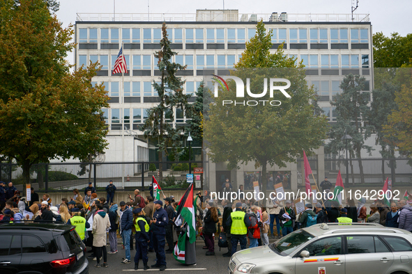 A group rallies in support of Palestine and Gaza in front of the US embassy in Warsaw, Poland on 05 October, 2024. About a hundred people ma...