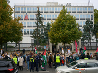 A group rallies in support of Palestine and Gaza in front of the US embassy in Warsaw, Poland on 05 October, 2024. About a hundred people ma...