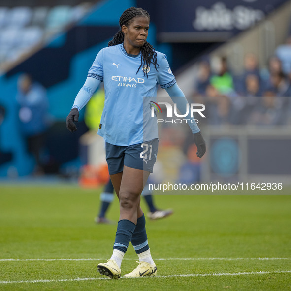 Khadija Shaw #21 of Manchester City W.F.C. participates in the Barclays FA Women's Super League match between Manchester City and West Ham U...