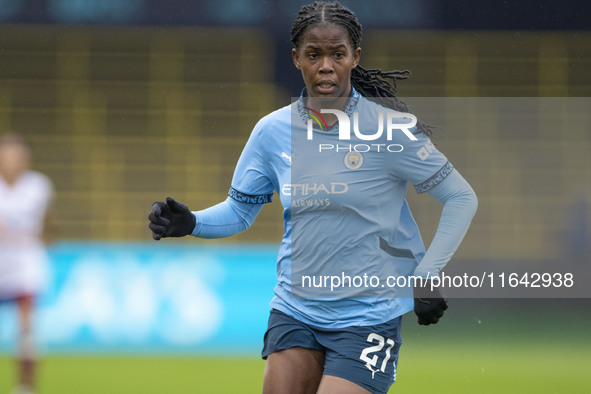 Khadija Shaw #21 of Manchester City W.F.C. participates in the Barclays FA Women's Super League match between Manchester City and West Ham U...