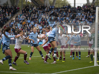 Alex Greenwood #5 of Manchester City W.F.C. heads the ball across the area during the Barclays FA Women's Super League match between Manches...